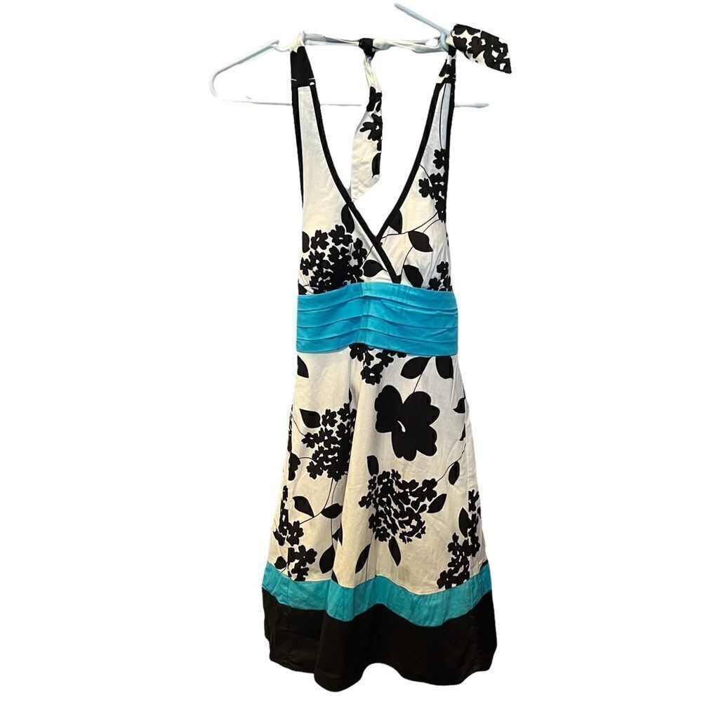 Trixxi halter dress size 3 white, black and turquoise padded bra zipper back